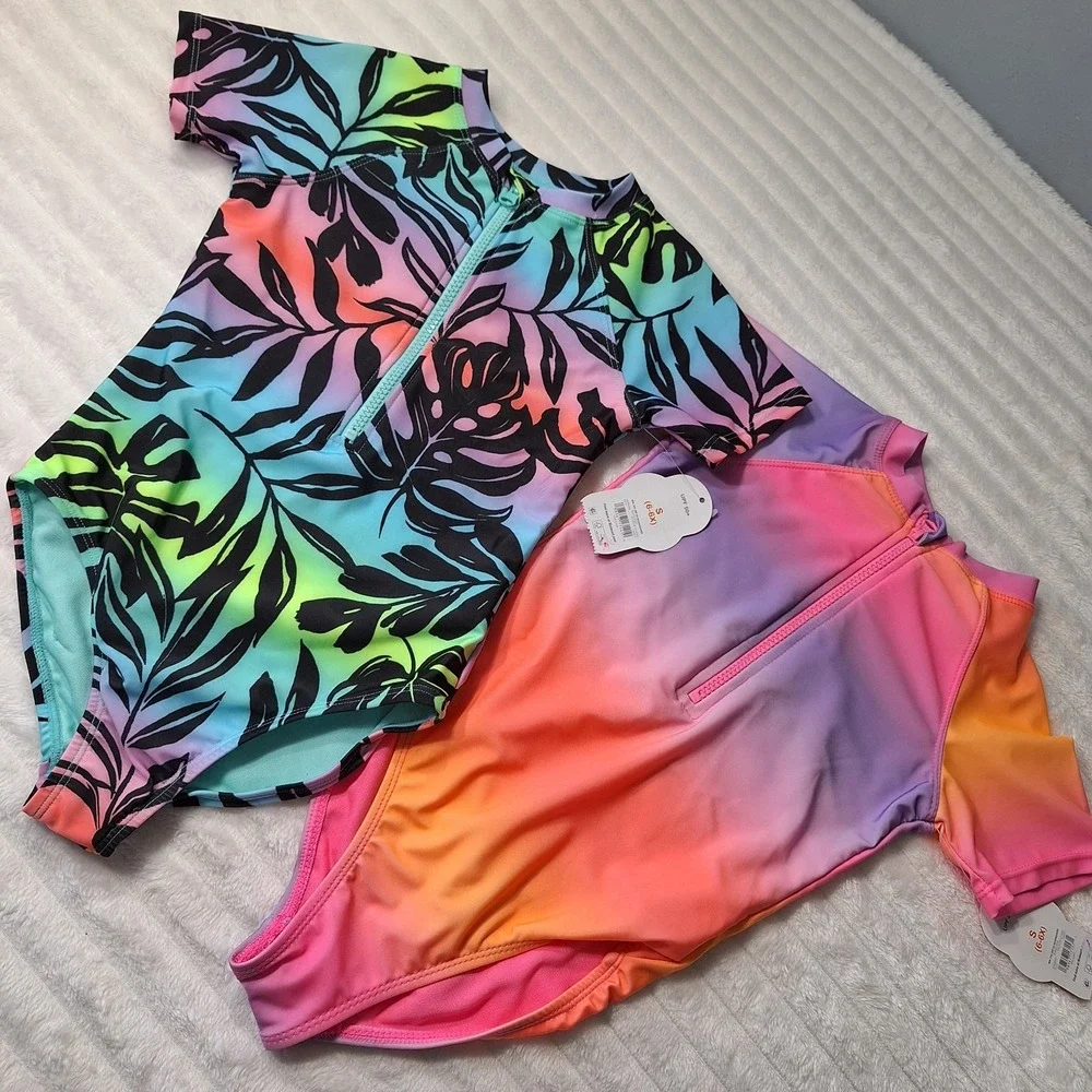 2 PC LOT One Pc Zip Rashguard Swimsuits Girls S (6-6X) Multi UPF 50+ BEACHY‎